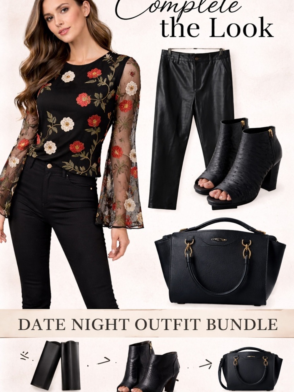 Style Inspo Date Night Outfit Black Floral Top Faux Leather Pants Heels